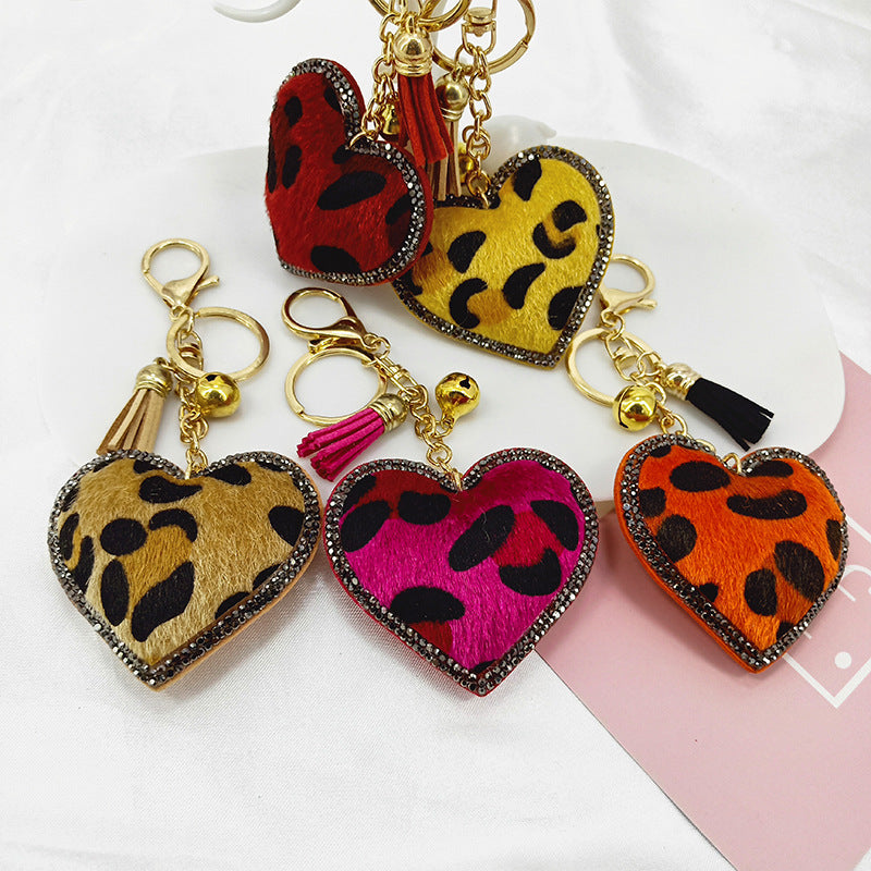 Wholesale Velvet Leopard Pattern Love Style Diamond Inlaid Bell Tassel Keychain